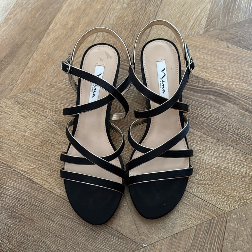 Nina New York black and gold strappy heels
